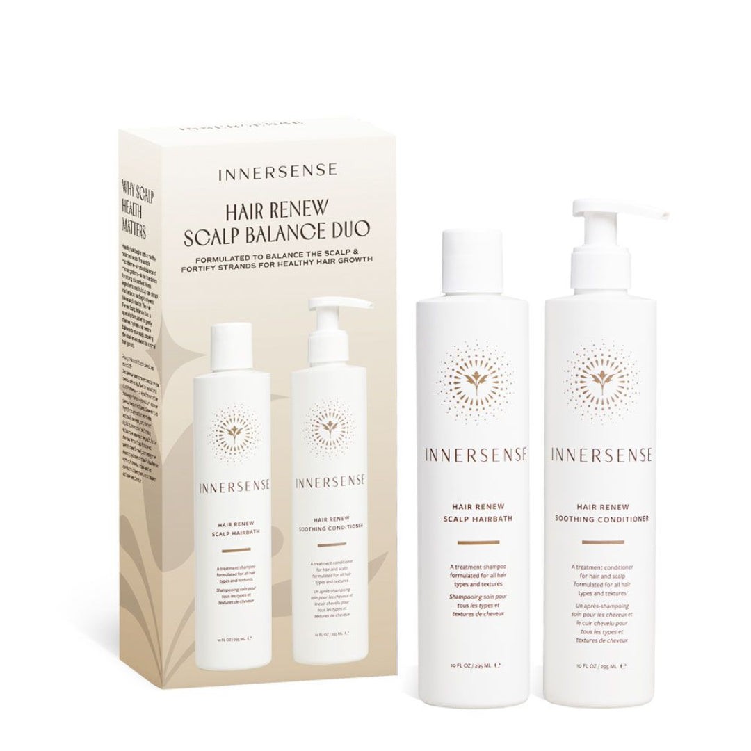 Innersense Hair Renew Scalp Balance Duo includes a shampoo and conditioner in white bottles, packaged in a decorative box featuring a floral design and earthy tones, each 295ml.