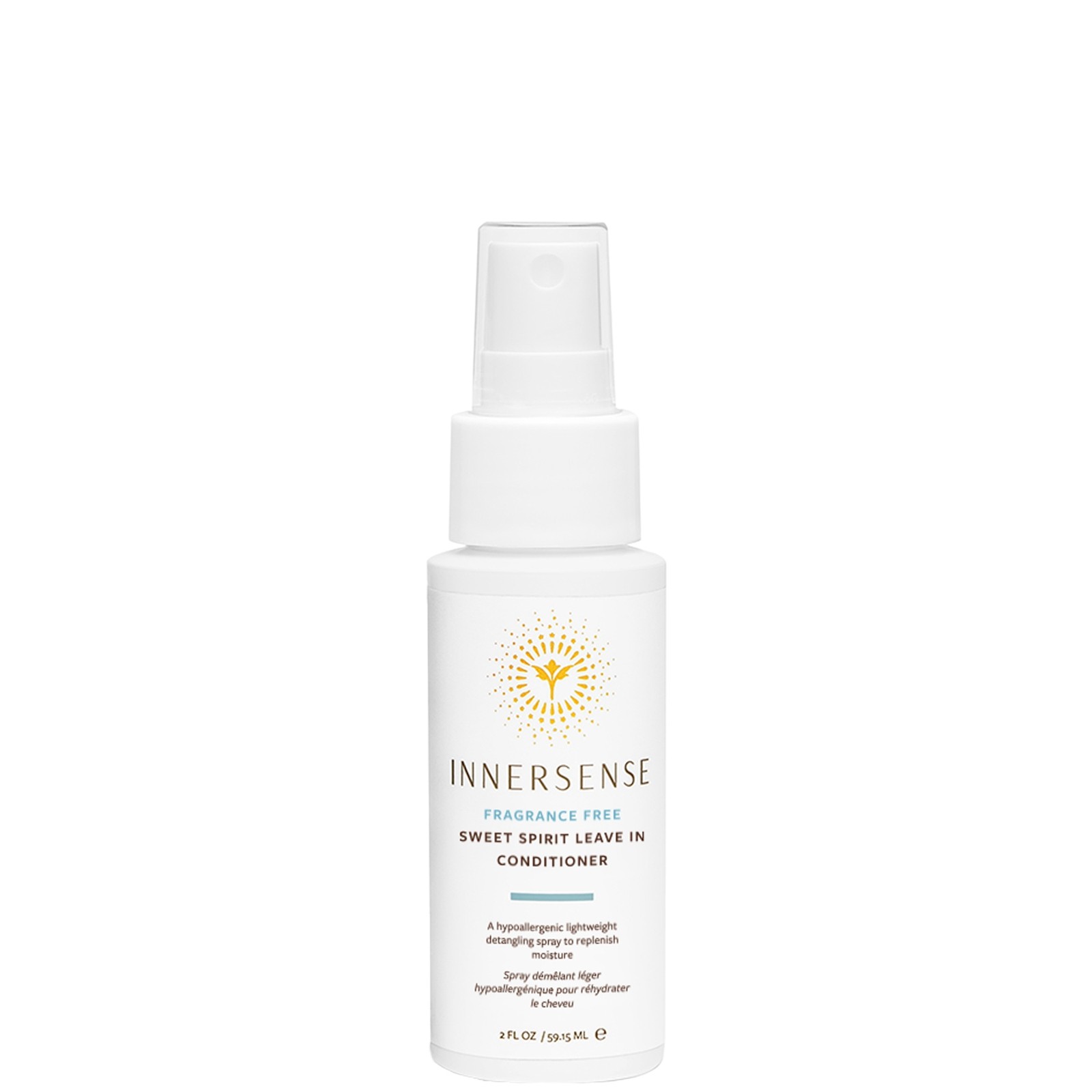 White spray bottle with a clear cap, featuring a gold logo and text reading "Innersense Fragrance Free Sweet Spirit Leave-in Conditioner" in black, 59ml size.