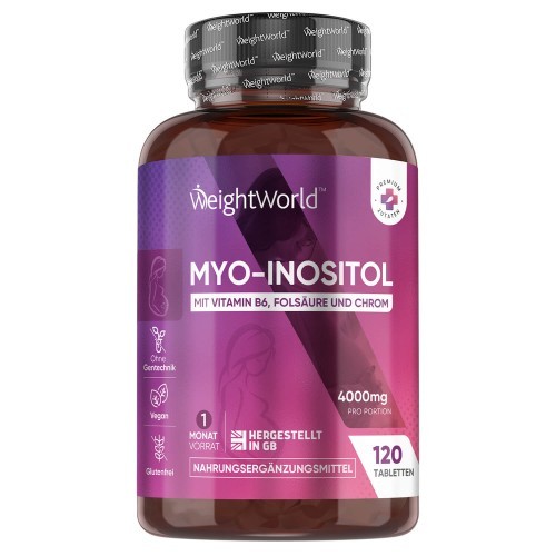 Dark amber bottle with a purple label featuring "Myo-Inositol" text, 4000mg, and 120 tablets, highlighting benefits like Vitamin B6 and Chromium, with a white cap.