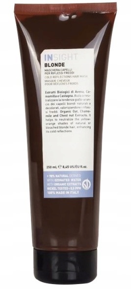 Brown tube with a flip-top cap, labeled "Insight Blonde Cold Reflective Hair Mask," featuring key ingredients and benefits, 250ml, made in Italy.