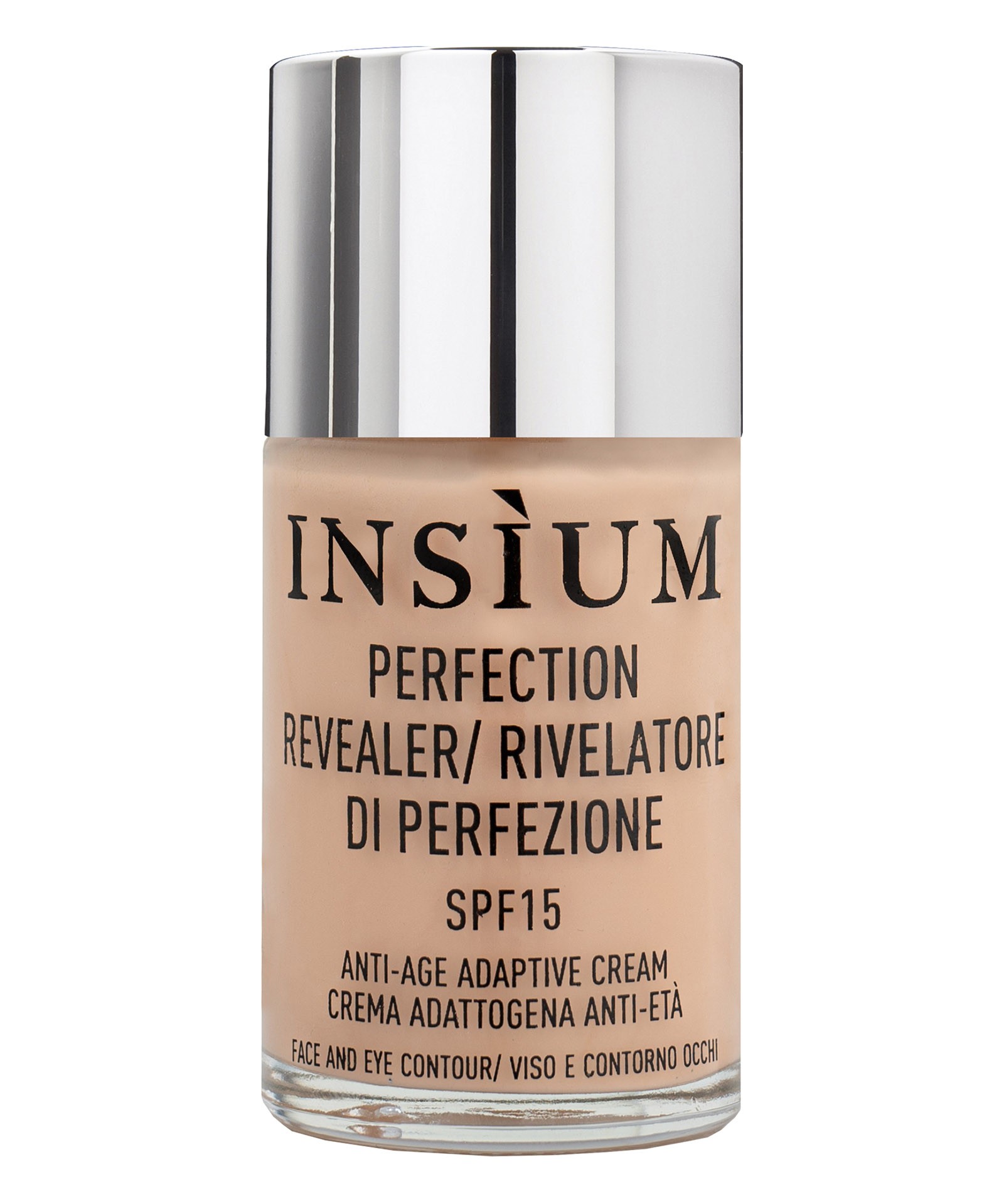 Beige fluid foundation in a sleek glass bottle with a silver cap, labeled "Insium Perfection Revealer SPF 15" in bold black text, designed for face and eye contour.