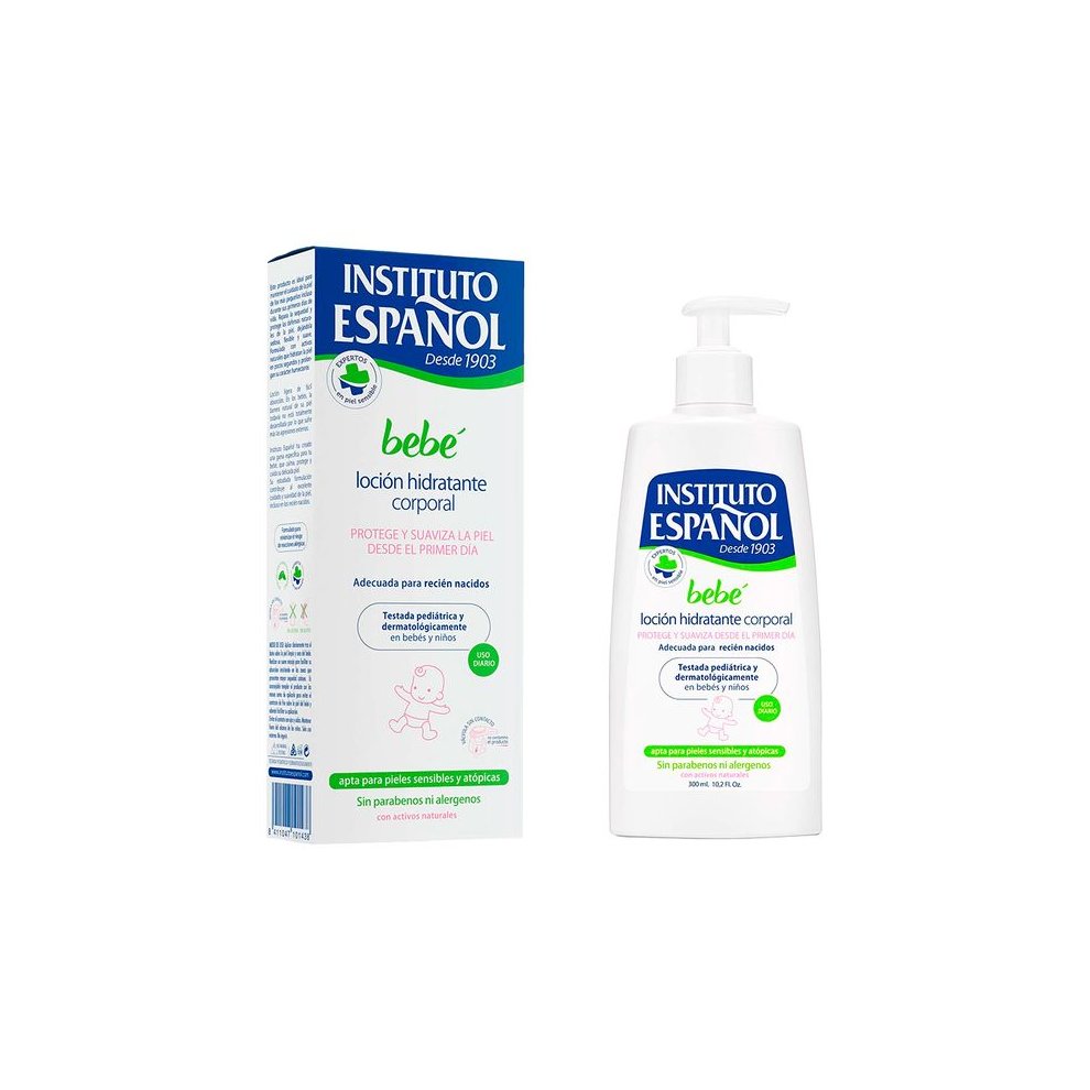 White pump bottle of Instituto Español Bebé moisturizing body lotion for newborns, featuring a blue and green label, alongside its matching box, both highlighting sensitive skin and allergen-free attributes.