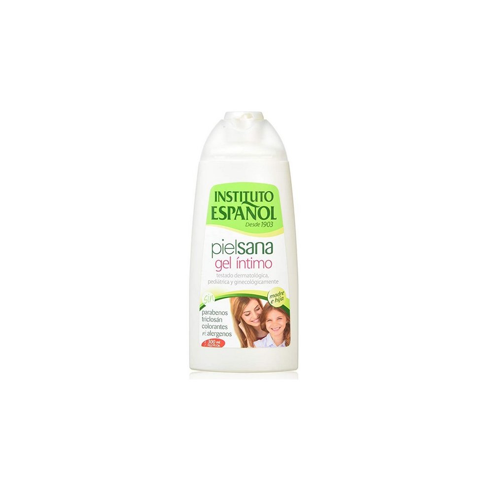 White plastic bottle of Instituto Español Healthy Skin Intimate Shower Gel, featuring a green label with product details and a flip-top cap, holding 300ml.
