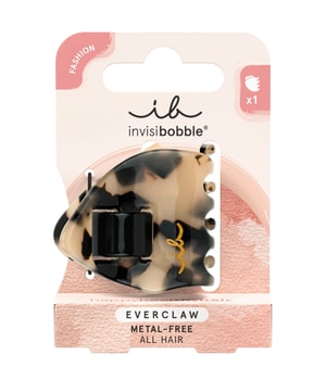 Invisibobble Everclaw Hair Clip in a leopard print design, featuring a black clasp, packaged in a pink and beige card with brand logo and details.