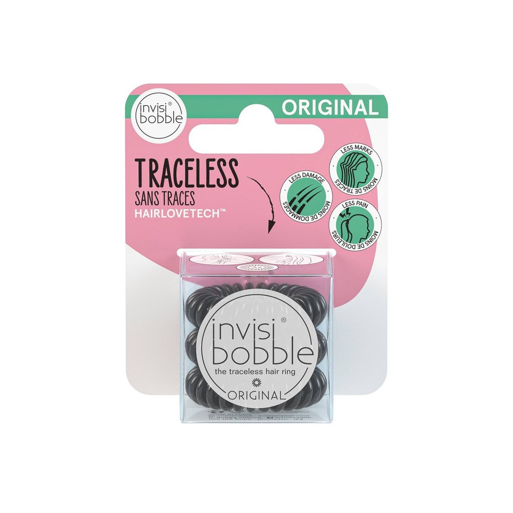 Three black Invisibobble ORIGINAL hair ties in a clear plastic packaging, labeled "Traceless" and "Strong Hold," highlighting their waterproof and suitable-for-all-hair-types features.