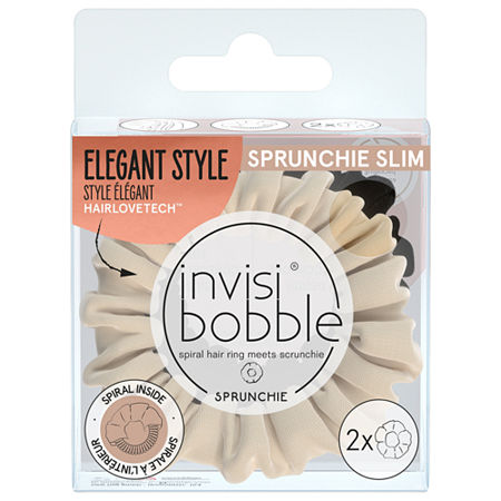 Two True Golden Invisibobble Sprunchie Slim hair ties in a clear packaging, featuring a spiral design and soft fabric for a stylish and comfortable hold.