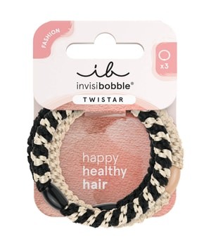 Three braided hair ties in black and beige, featuring a textured design, displayed on a pink and white card with the text "happy healthy hair" and branding for Invisibobble.