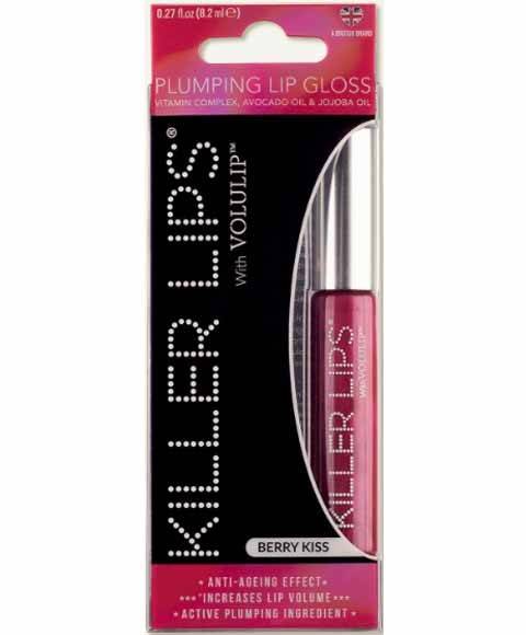 Plumping lip gloss in a sleek tube with a silver cap, featuring a vibrant berry pink shade, packaged in a colorful box highlighting its anti-aging and volumizing benefits.