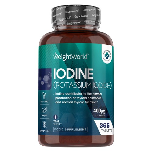 Brown plastic bottle with a teal and silver label, featuring "WeightWorld Iodine" prominently, containing 365 vegan tablets of 400mcg potassium iodide for thyroid support.