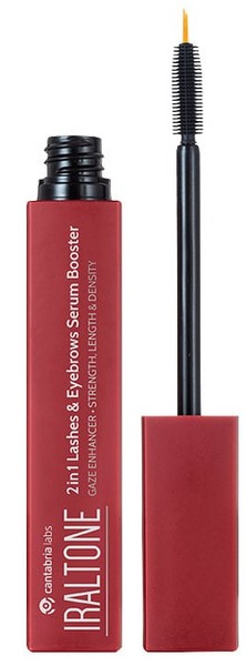 Red tube with a black applicator brush, labeled "IRALTONE 2in1 Lashes & Eyebrows Serum Booster," designed for enhancing lash growth and density, 10 ml size.
