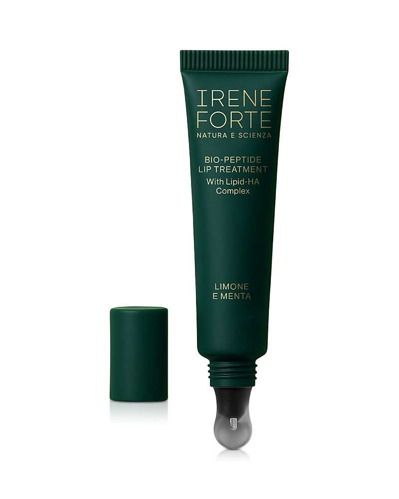 Green tube of Irene Forte Bio Peptide Lip Treatment, 0.34 oz, featuring a silver applicator tip and a matching green cap, labeled with product details in white text.