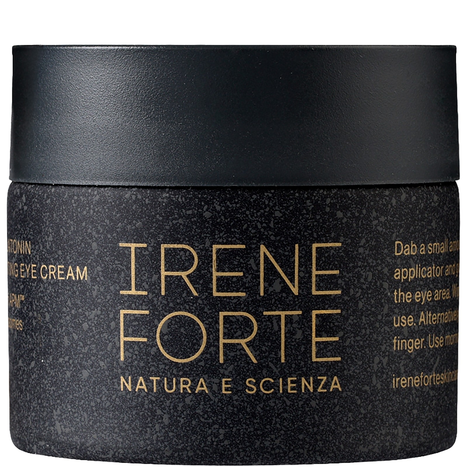 Black jar with a matte finish, gold text reading "IRENE FORTE" and "NATURA E SCIENZA," featuring a lid; contains 15ml of Phytomelatonin Rejuvenating Eye Cream.