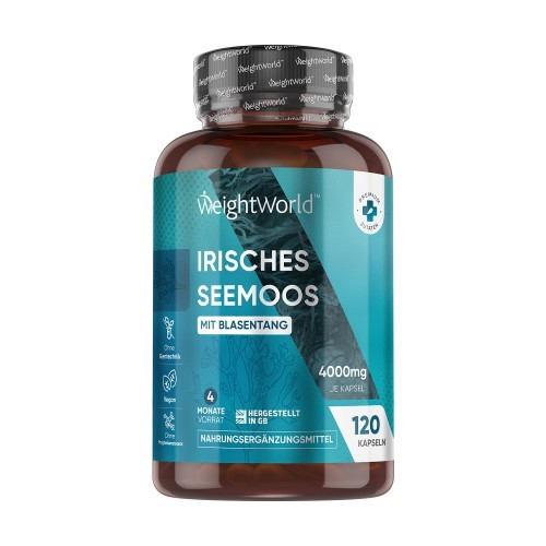 Dark brown bottle with a teal label featuring "WeightWorld" branding, containing 120 capsules of Irish Sea Moss, each with 4000mg, labeled for a four-month supply.