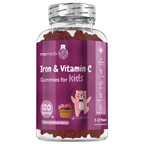 Purple bottle labeled "Maxmedix Iron & Vitamin C Gummies for Kids," featuring a cartoon bear and berry graphics, containing 120 vegan gummies for energy and immune support.
