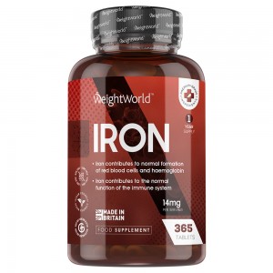 Brown bottle containing 365 vegan iron tablets, labeled "WeightWorld Iron," highlighting 28mg dosage, high absorption, and benefits for energy and immune function.