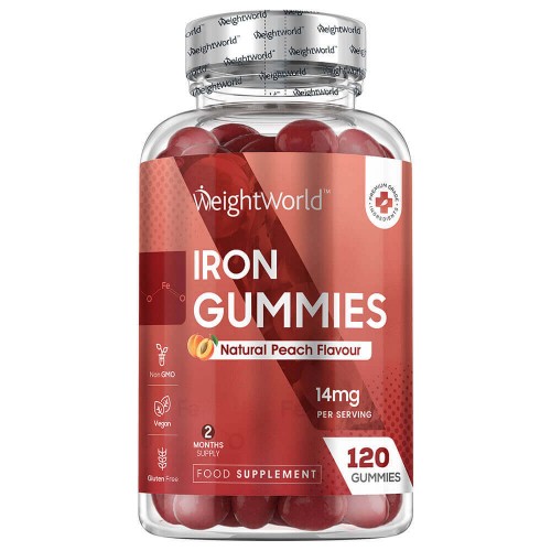 Transparent bottle with a red and white label, containing round, peach-flavored gummies, labeled "Iron Gummies" with 120 servings for immunity and energy support.