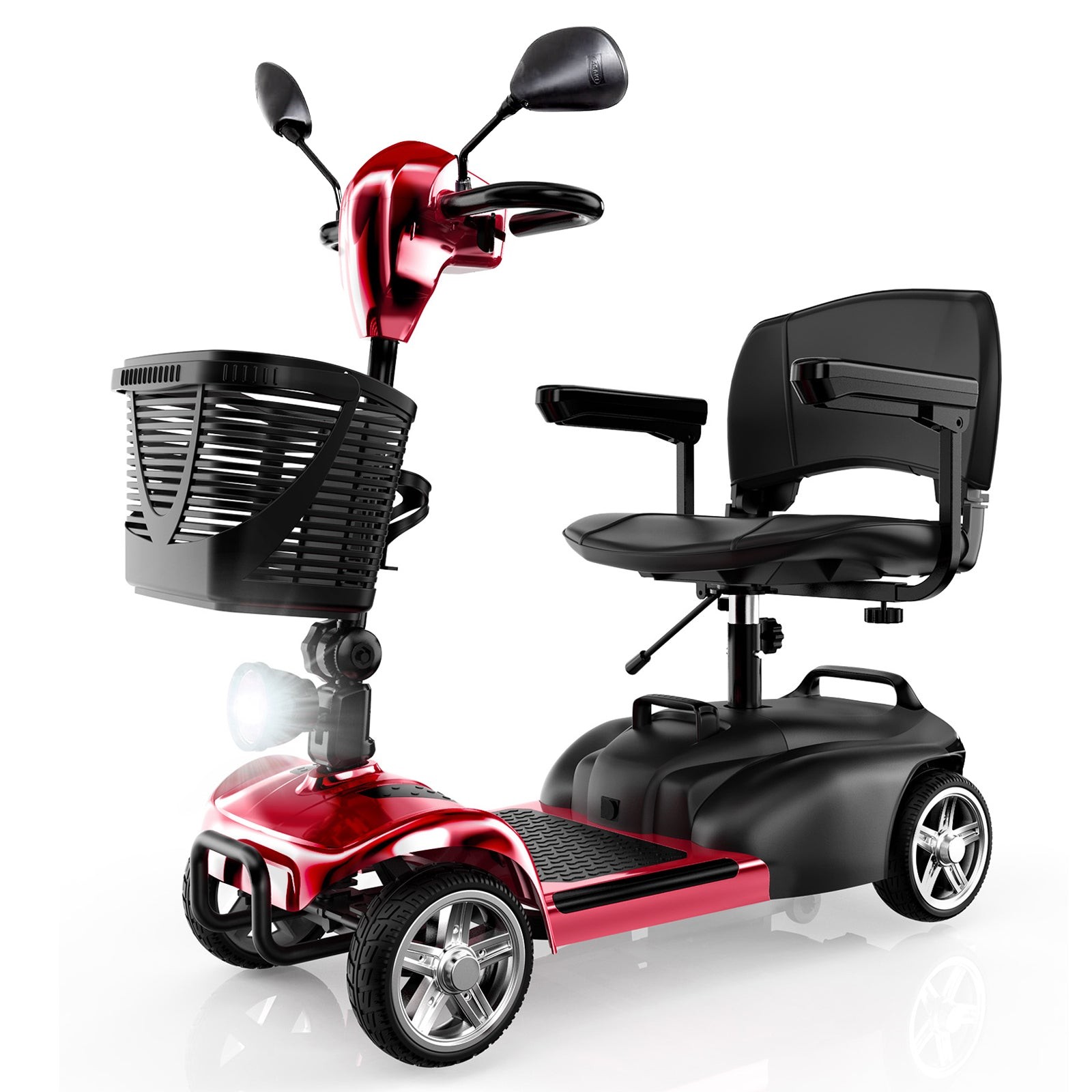 Red and black mobility scooter with a comfortable seat, adjustable armrests, front basket, and LED headlight, featuring four wheels for stability and maneuverability.