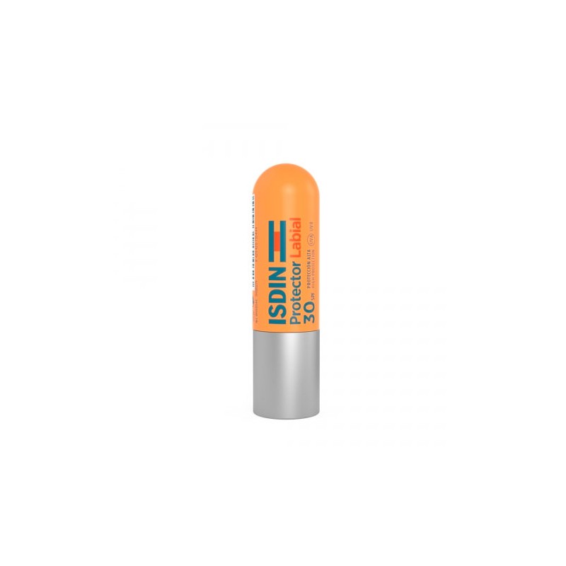 Orange cylindrical lip balm tube with a silver base, labeled "ISDIN Protector Labial" and "SPF30," designed for protecting lips from sun exposure.