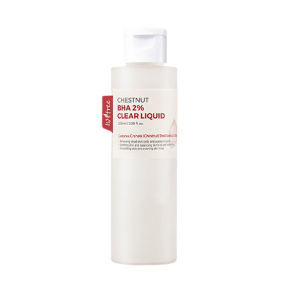 Clear liquid in a sleek, transparent bottle with a white cap, labeled "Chestnut BHA 2% Clear Liquid" by Isntree, featuring a minimalist design and 100 ml capacity.
