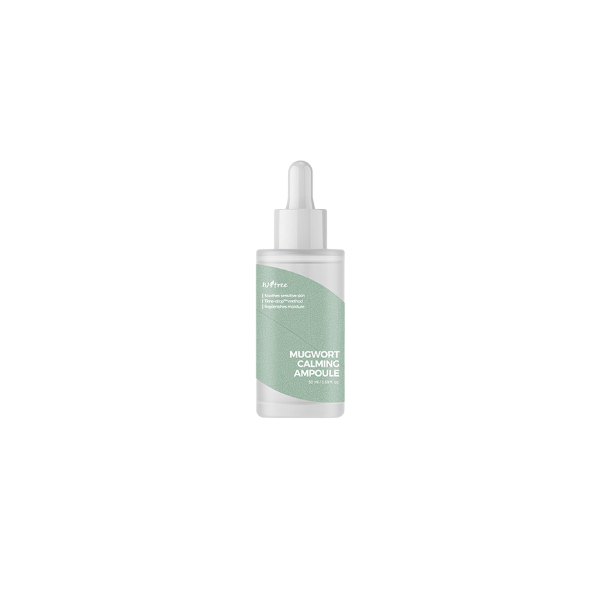 Clear glass dropper bottle containing a light green ampoule, featuring a white dropper cap and a label with white and mint text, highlighting "Mugwort Calming Ampoule."