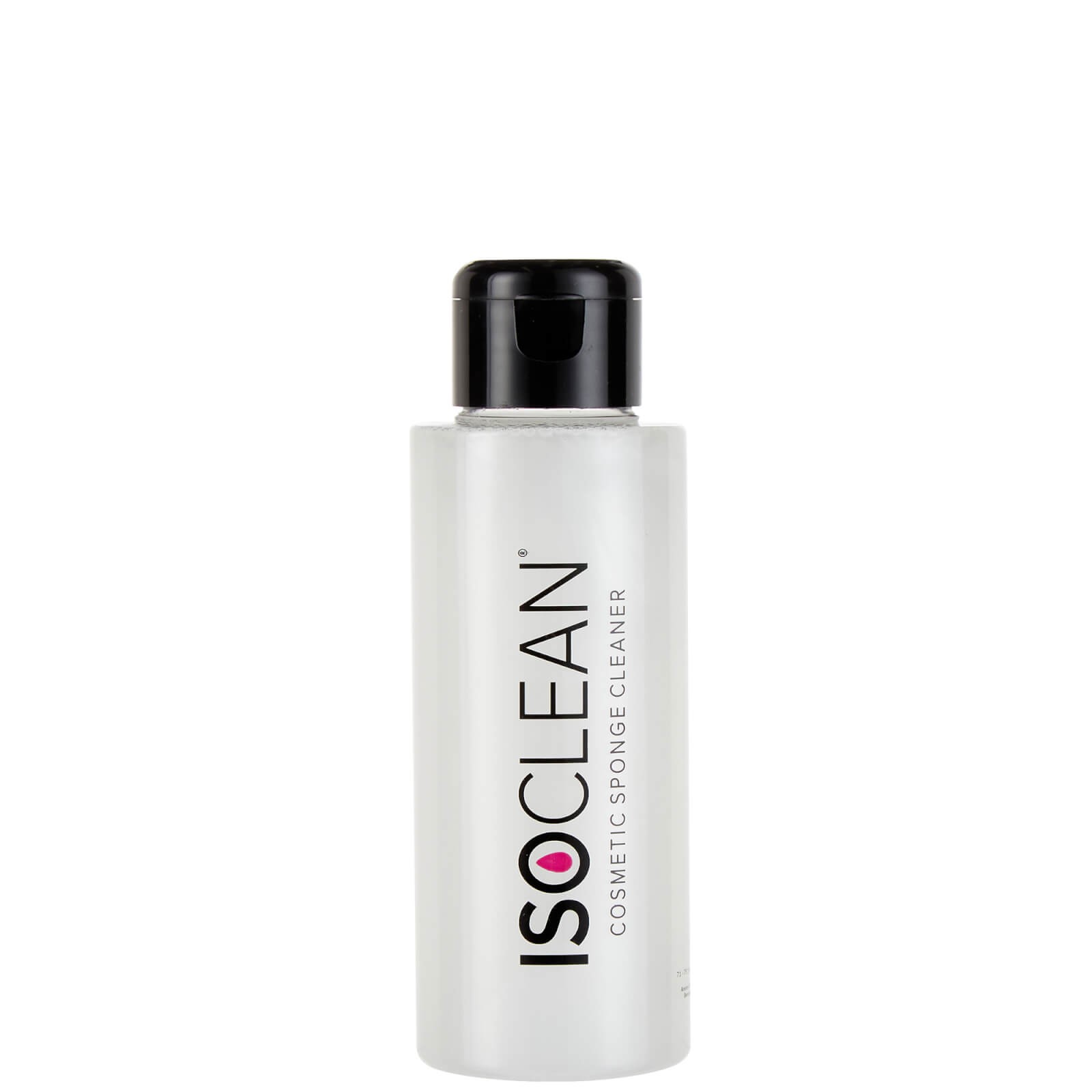 Clear plastic bottle containing 110ml of ISOCLEAN Sponge Cleaner, featuring a black cap and bold black and pink branding on the front.