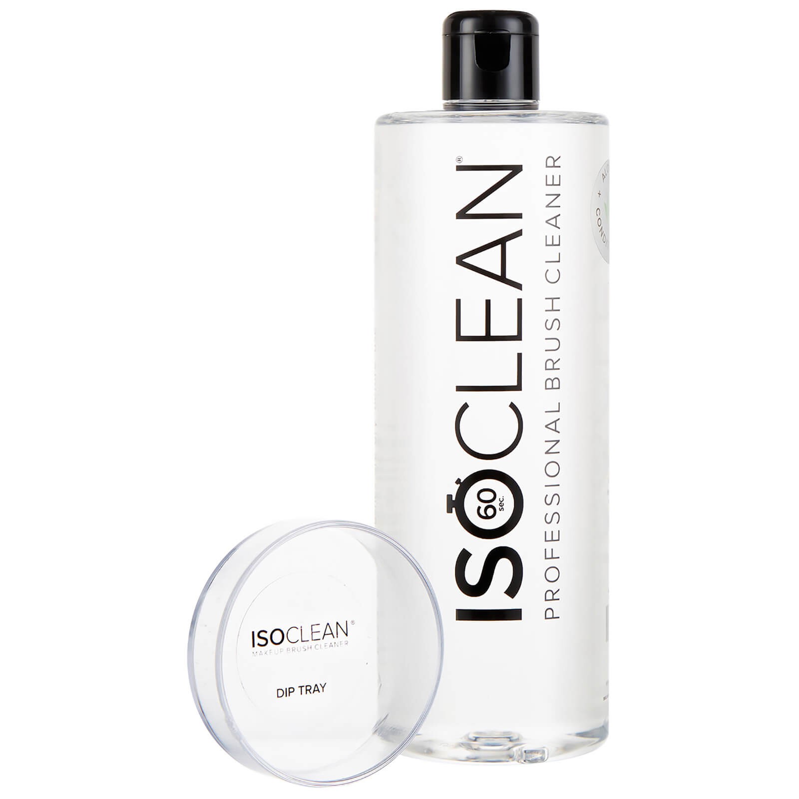 Clear bottle of ISOCLEAN 'Enthusiast' Makeup Brush Cleaner with a black easy pour top, accompanied by a round transparent dip tray, both featuring bold black lettering.