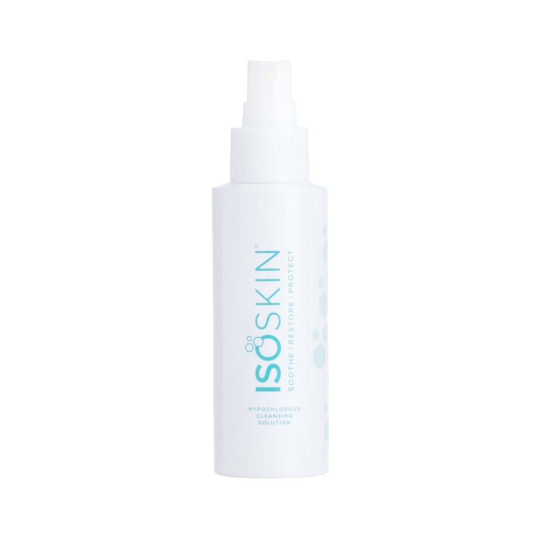 White spray bottle with a pump top, labeled "ISOSKIN" in light blue, featuring "Hypochlorous Cleansing Solution" text and a sleek, minimalist design.