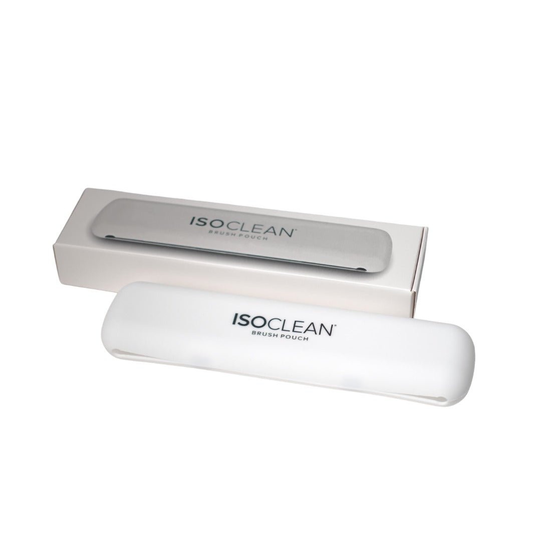 White portable cosmetic makeup brush holder case with a sleek design, featuring the ISOCLEAN logo, packaged in a simple box.