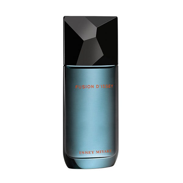 Clear glass bottle with a gradient blue tint, featuring a black geometric cap, labeled "FUSION D'ISSEY" in orange and "ISSEY MIYAKE" at the base.