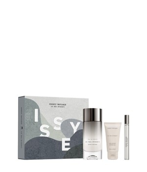 Gift set featuring Issey Miyake Le Sel D'Issey Eau De Parfum in a sleek glass bottle, accompanied by a shower gel and a travel-sized EDP, all presented in a stylish, abstract patterned box.