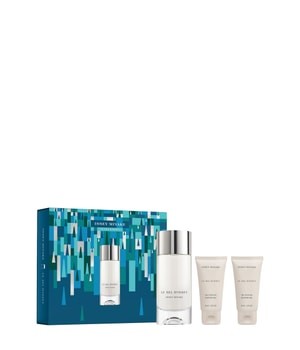 Issey Miyake Le Sel D'issey 3 Piece Gift Set featuring a sleek silver bottle and two cream tubes, all presented in a vibrant blue and green patterned box.