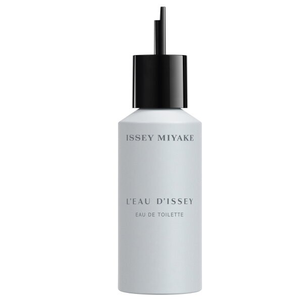 Sleek, matte white bottle with a black nozzle, labeled "Issey Miyake L'Eau D'Issey Eau De Toilette for Women Refill 150 Ml," exuding a modern and minimalist design.