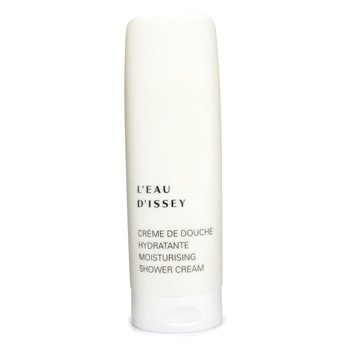 White squeeze tube with a smooth finish, featuring black text that reads "L'Eau D'Issey Moisturising Shower Cream" and "Crème de Douche Hydratante," 6.7 oz size.