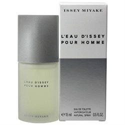 Clear glass bottle with a silver cap and a minimalist design, alongside a silver and white box, containing 0.5 oz of L'eau D'Issey Pour Homme EDT by Issey Miyake.
