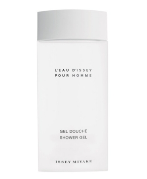Clear, sleek white bottle of Issey Miyake Shower Gel, featuring minimalist design with black text, labeled "L'Eau d'Issey Pour Homme" and "Gel Douche Shower Gel," 200ml size.
