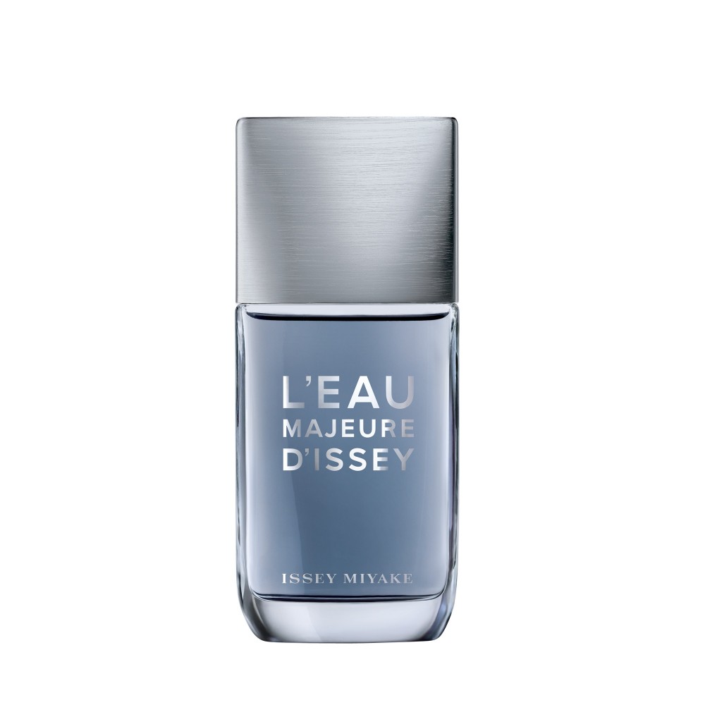 Clear glass bottle with a rectangular shape, silver metal cap, and light blue liquid inside, featuring the text "L'Eau Majeure D'Issey" and "Issey Miyake" prominently displayed.