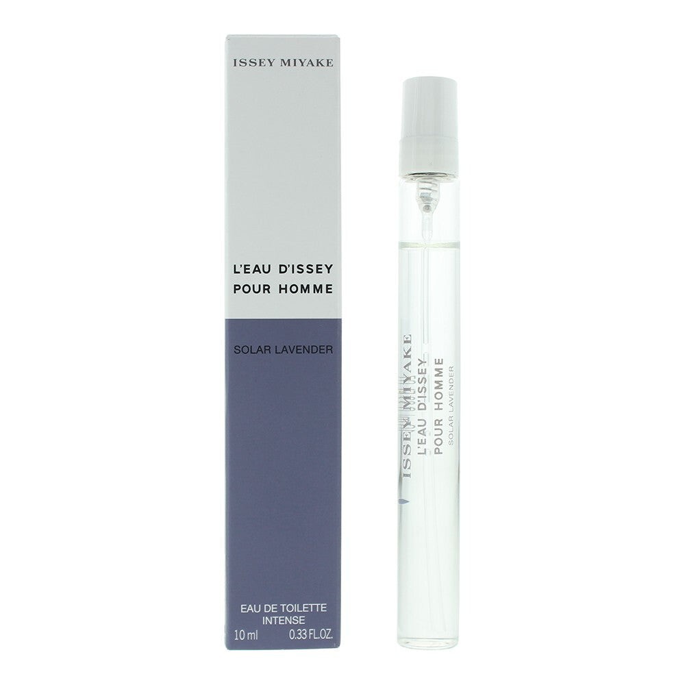Clear glass spray vial of Issey Miyake L'Eau D'Issey Solar Lavender Eau De Toilette for men, 10 ml, next to a sleek, purple and white box with elegant branding.