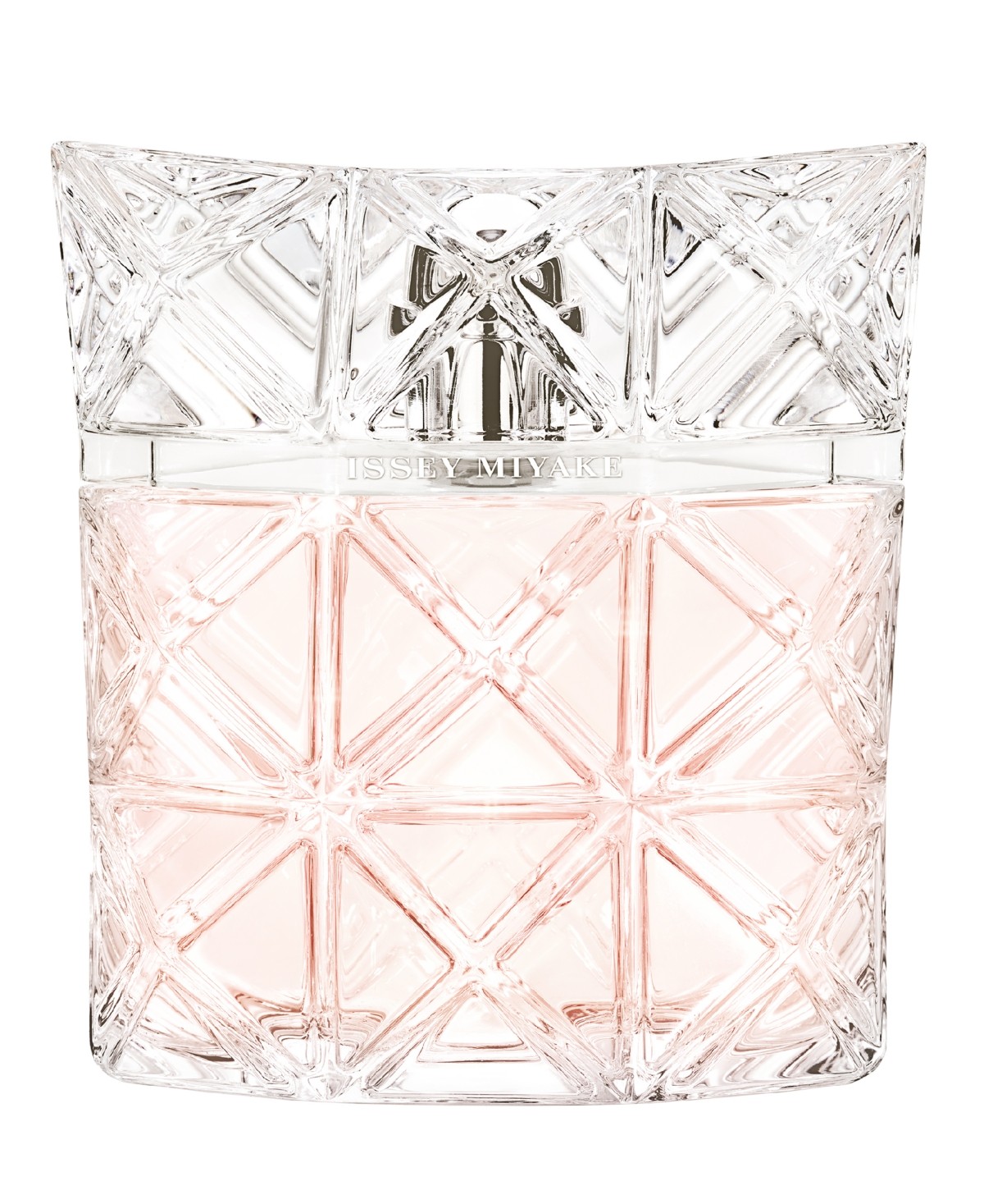 Clear glass bottle with a geometric diamond pattern, featuring a silver spray nozzle and a light pink perfume inside, labeled "Issey Miyake" at the front.