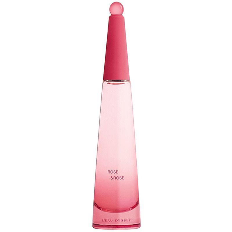 Tall, tapered glass bottle in gradient pink, featuring a round pink cap, labeled "ROSE & ROSE" in elegant font, representing Issey Miyake's fragrance for women.