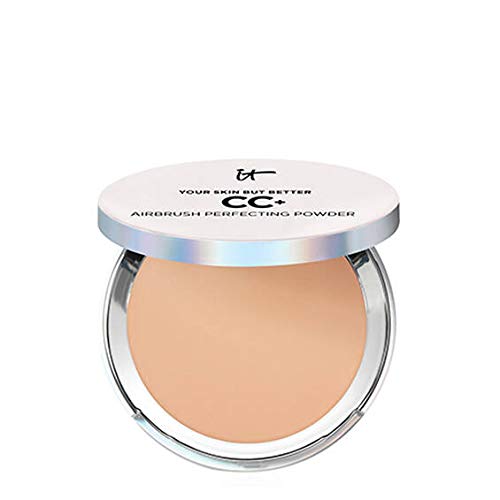 Round compact with a silver lid labeled "Your Skin But Better CC+" containing a light beige airbrush perfecting powder, presented in a new box.