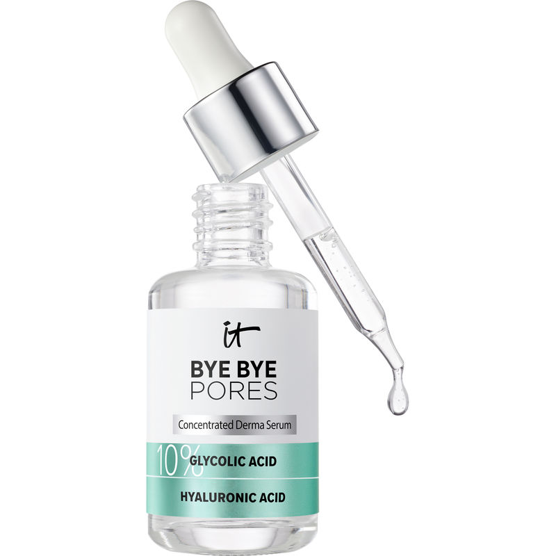 Clear glass dropper bottle with a silver cap, featuring a green label that reads "Bye Bye Pores" and "10% Glycolic Acid," with a dropper dispensing a clear serum.