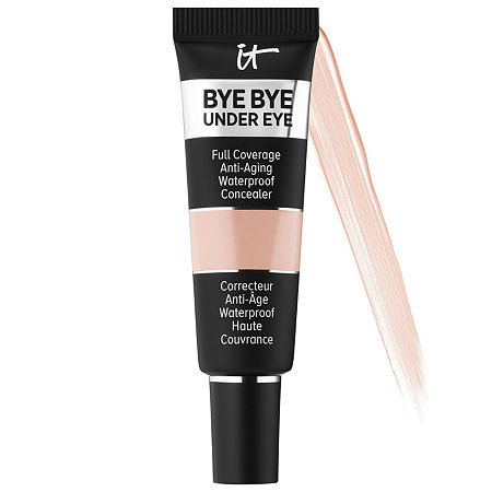 Light beige tube of IT Cosmetics Bye Bye Under Eye Concealer, 0.4 Fl Oz, featuring a black and white design, highlighting medium to full coverage and hyaluronic acid.