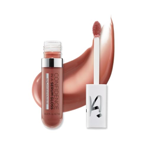 A clear tube of IT Cosmetics Confidence in a Serum Gloss Lip Gloss in a soft nude shade, accompanied by a white applicator wand and a swatch of the gloss.