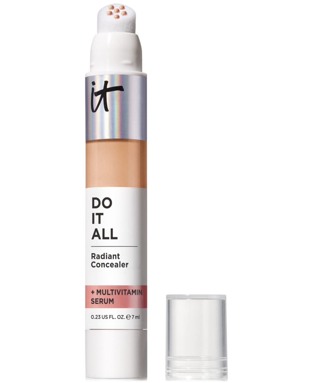 IT Cosmetics Do It All Radiant Concealer in Medium Neutral 305 features a sleek, white tube with a pink cap and a sponge applicator tip for easy application.