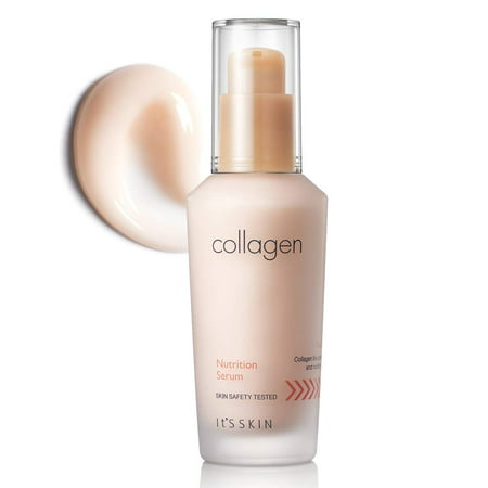 Collagen Nourishing Serum by It's Skin in a clear glass bottle with a pump, featuring a light peach liquid and minimalistic white and orange labeling.