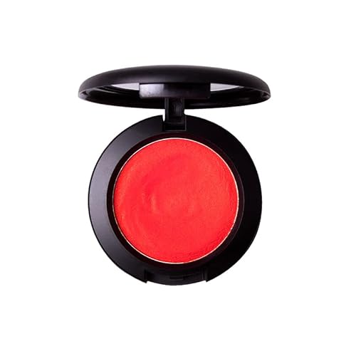 Bright red blush in a sleek black compact with a smooth, creamy texture, labeled "BLM101 Flushing Rogue" by J.Cat Beauty, 0.16 oz.