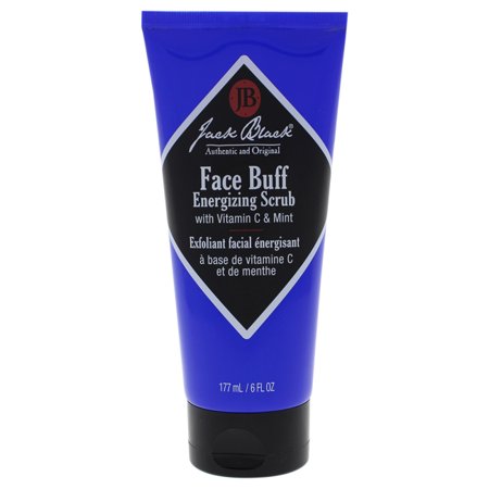 Bright blue tube with a black diamond label, featuring "Face Buff Energizing Scrub" in bold white text, enriched with Vitamin C and Mint, 177 ml size.