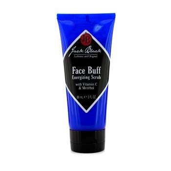 Bright blue squeeze tube with a black cap, featuring a diamond-shaped label that reads "Face Buff Energizing Scrub" in white text, highlighting Vitamin C and Menthol.