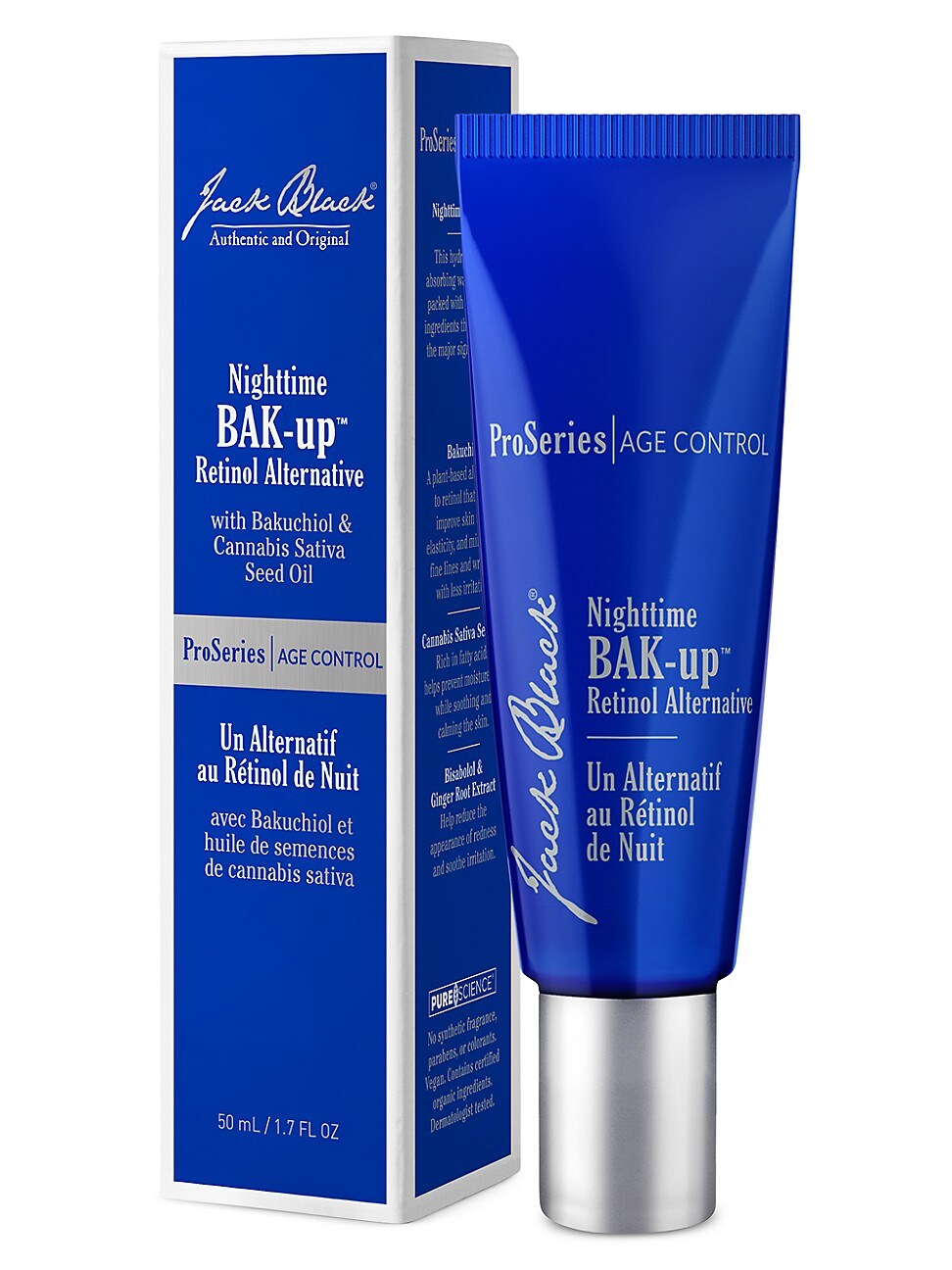 Blue tube with silver accents, labeled "Nighttime Bak-up" by Jack Black, contains 1.7 oz of retinol alternative with Bakuchiol and Cannabis Sativa Seed Oil, packaged in a matching box.