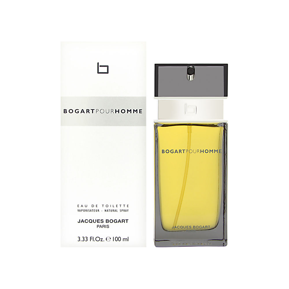 Clear glass bottle with a black cap, featuring a yellow liquid inside, alongside a white box labeled "BOGART POUR HOMME" and "JACQUES BOGART PARIS," 3.3 oz size.